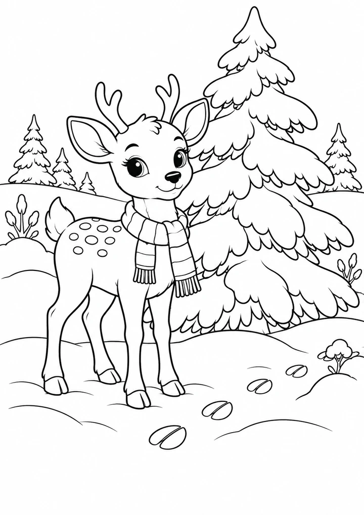 Le cerf près du sapin enneigé