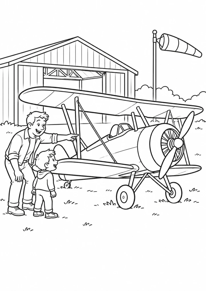 Le biplan devant le hangar ouvert