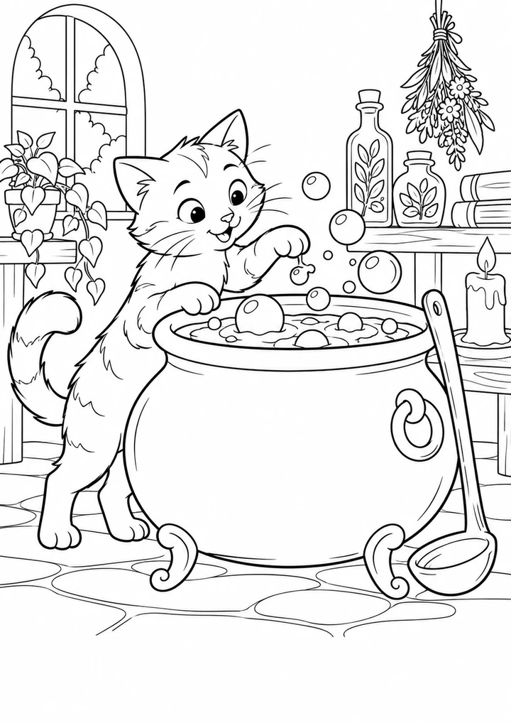Le chat découvre le chaudron de bulles