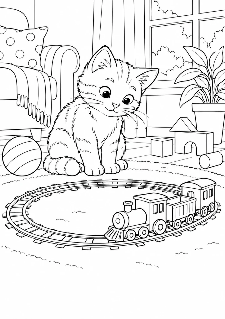 Le chat regarde le train miniature