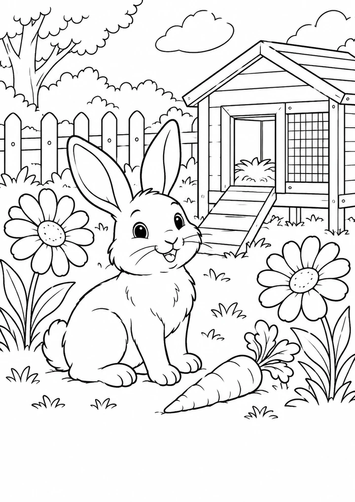 Le lapin devant son clapier fleuri