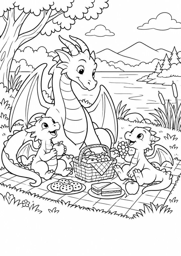 La famille de dragons au lac