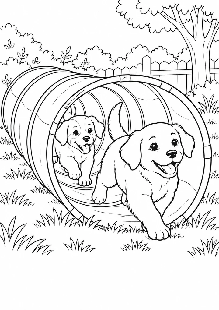 Les chiots jouent dans le tunnel