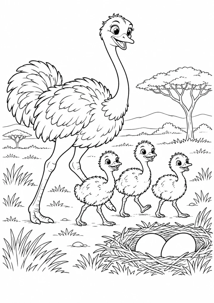 L’autruche et ses poussins