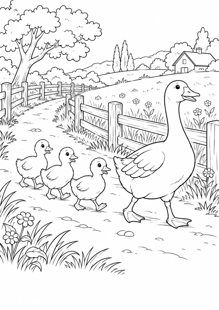 La famille d’oies sur le chemin