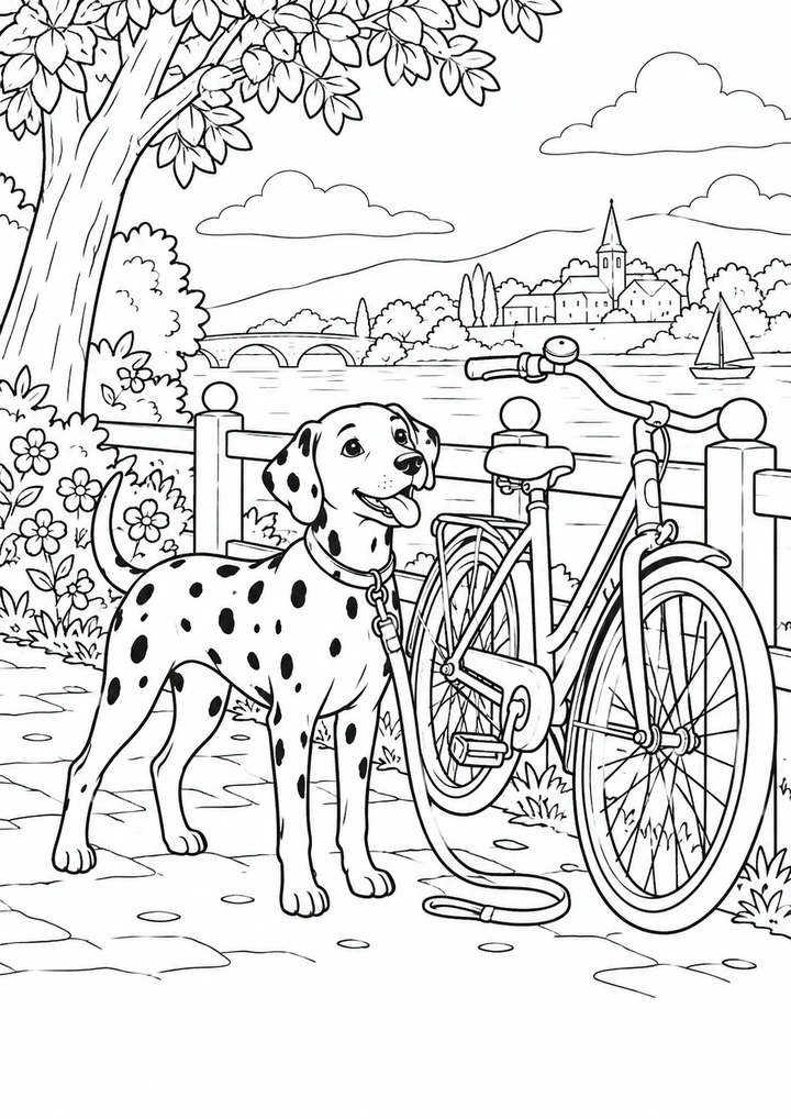 Le dalmatien près du vélo familial