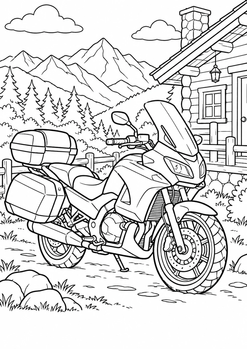 La moto de randonnée devant le chalet