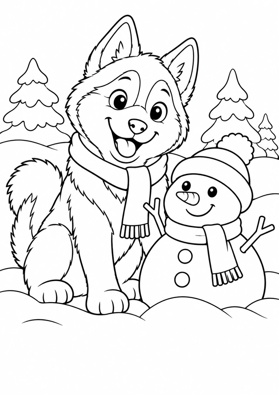 Le husky et son bonhomme de neige