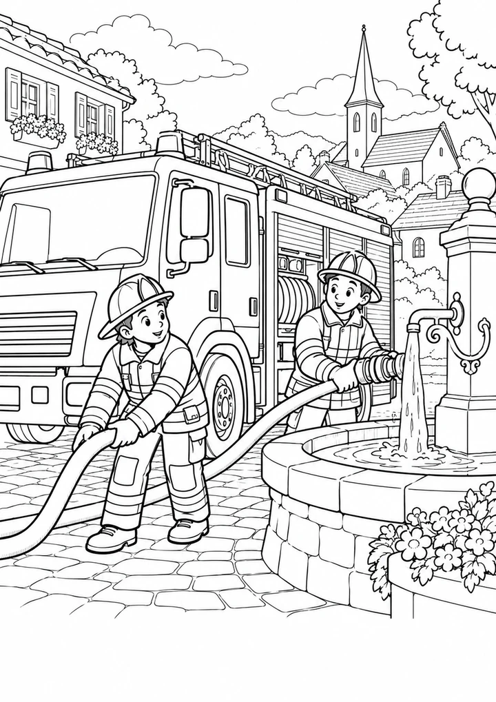 Le camion près de la fontaine