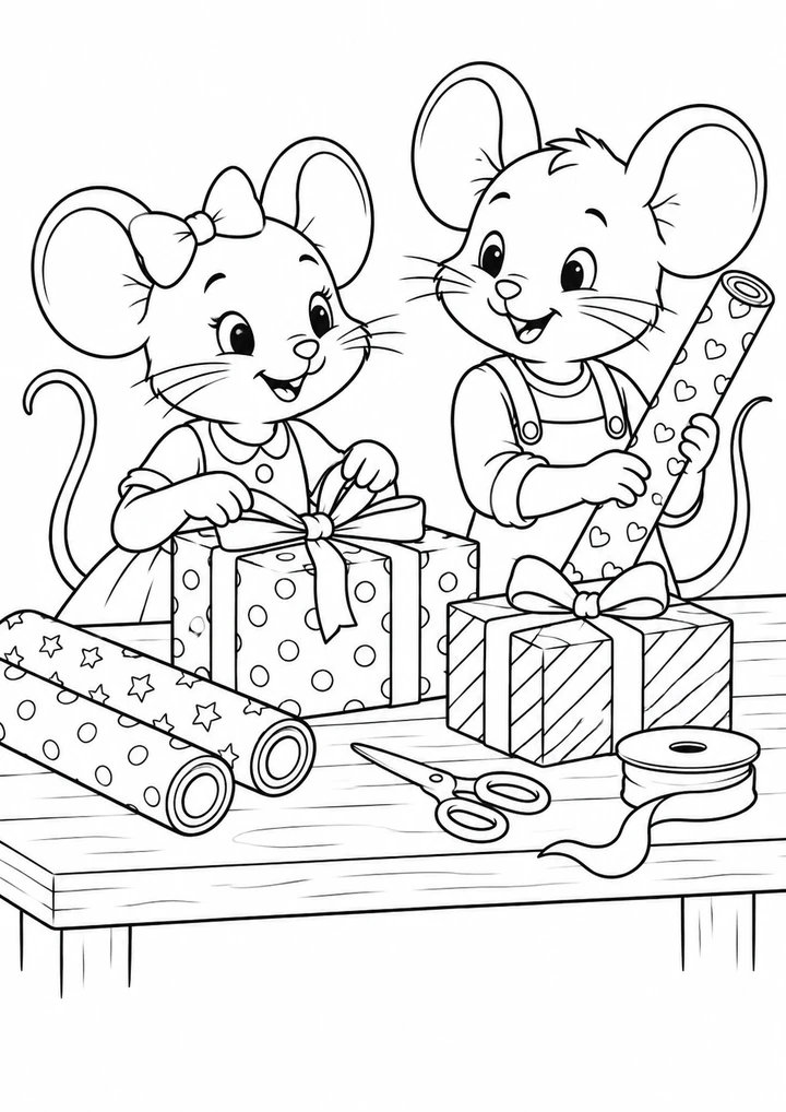 Les souris emballent les cadeaux