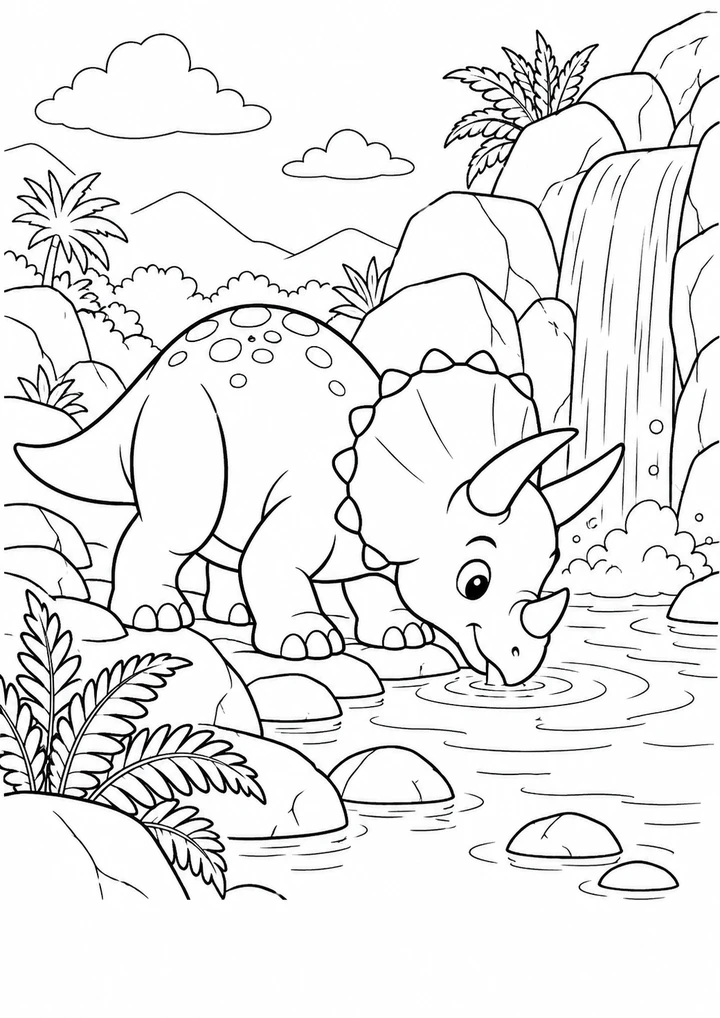 Le tricératops et la cascade