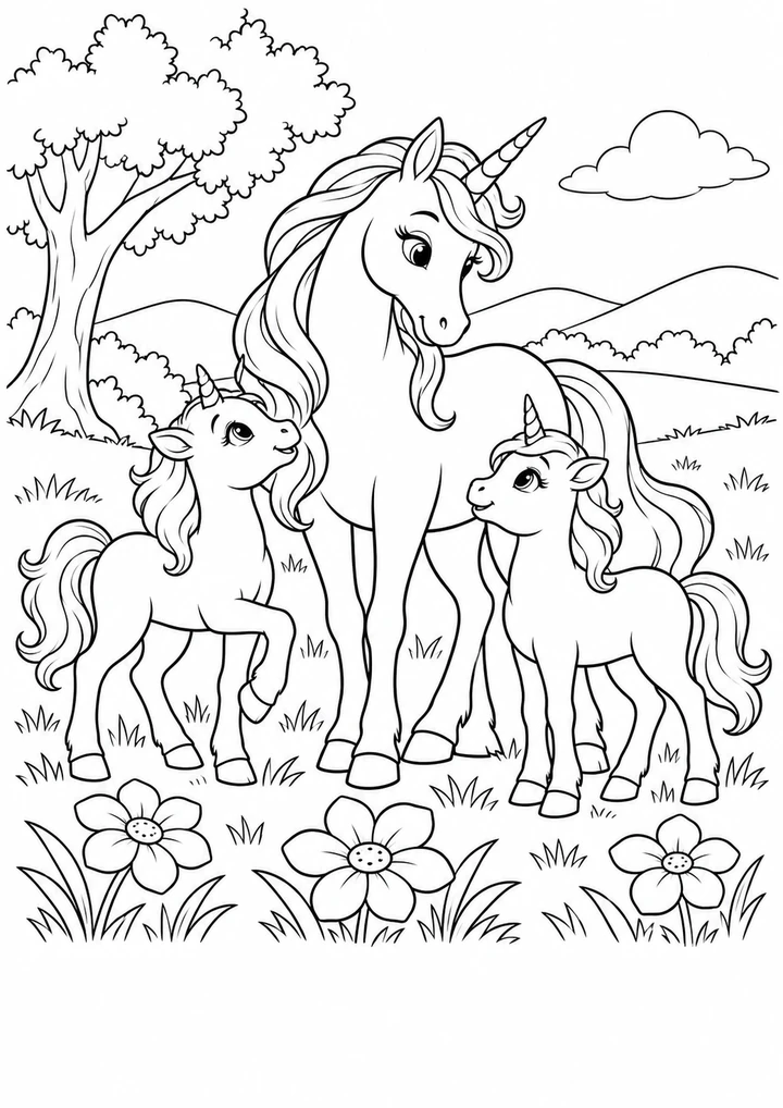 La famille de licornes dans la prairie