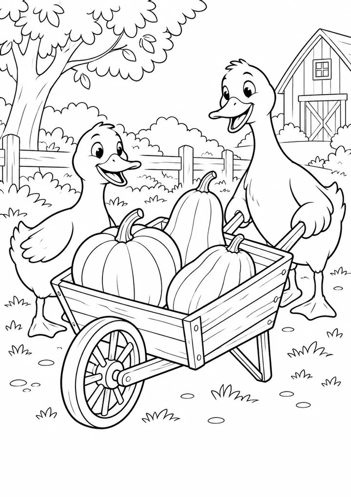 Les canards près de la brouette