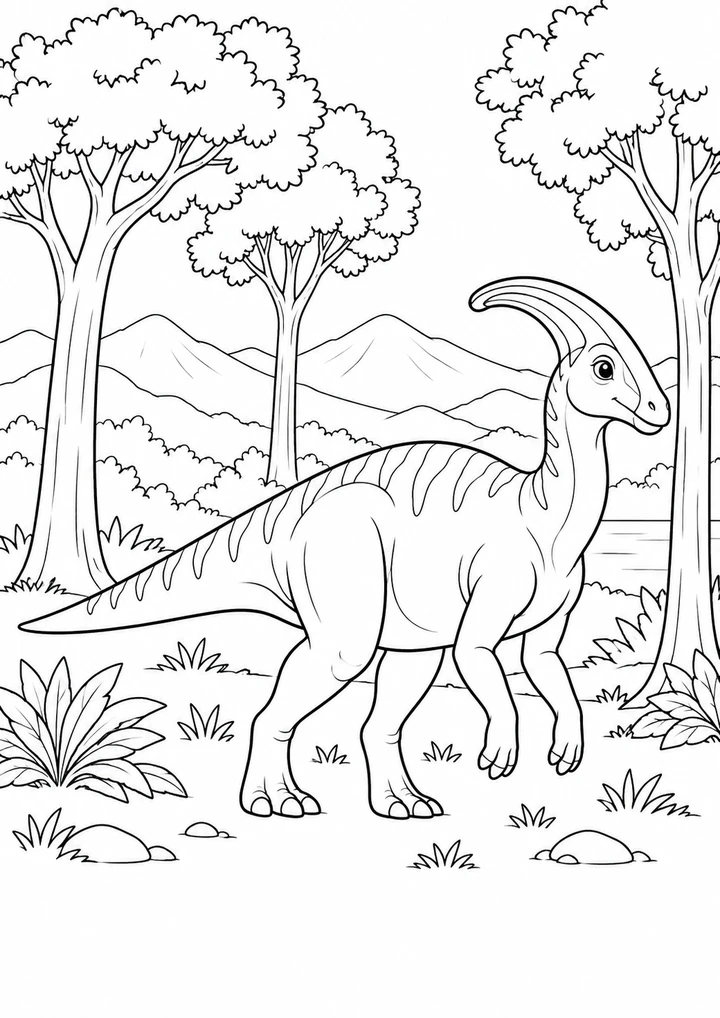 Le parasaurolophus devant les montagnes