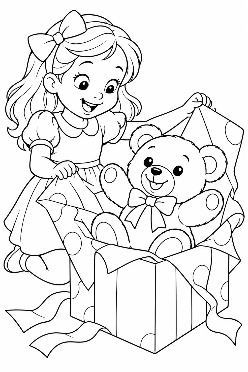 Coloriage à imprimer : Le nounours sort du cadeau