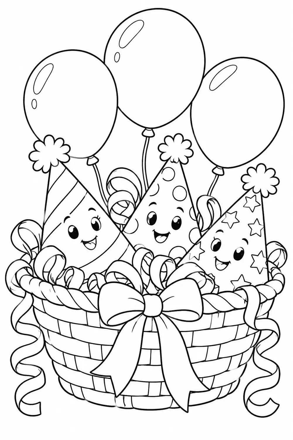 Coloriage à imprimer : Le panier des accessoires de fête