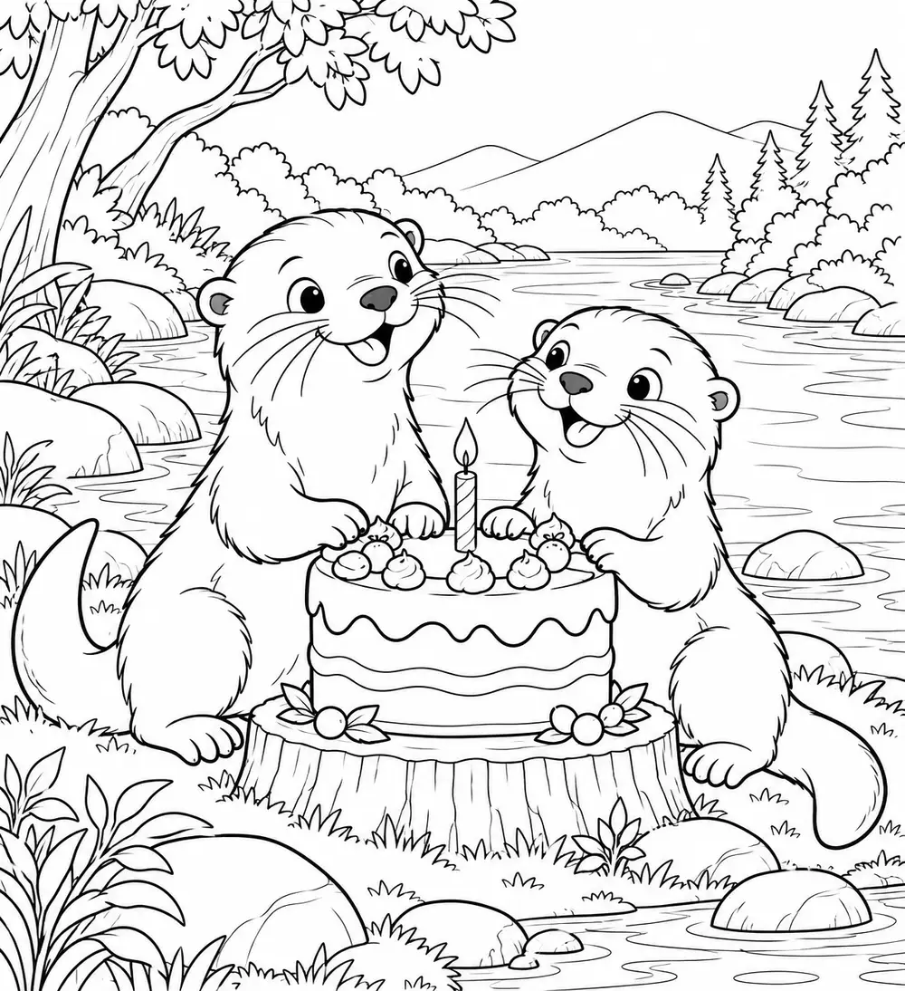 Coloriage à imprimer : L’anniversaire des loutres au bord de l’eau