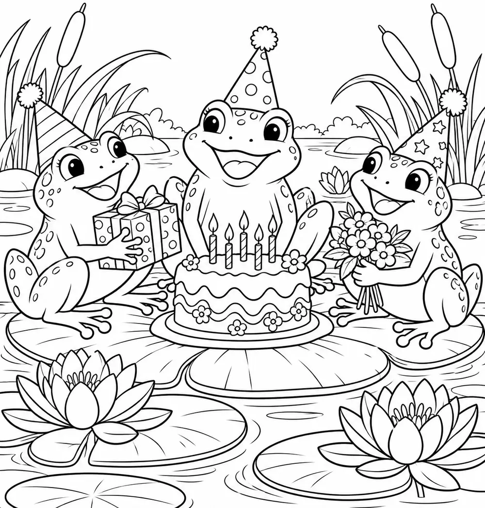 Coloriage à imprimer : Les grenouilles fêtent leur anniversaire