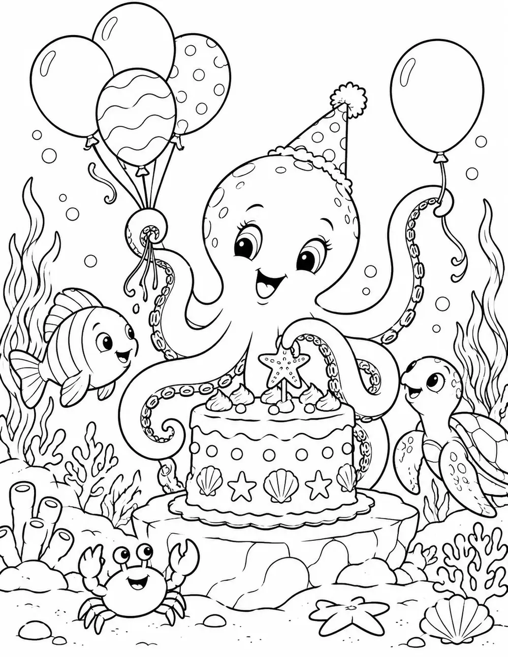 Coloriage à imprimer : Le poulpe organise son anniversaire
