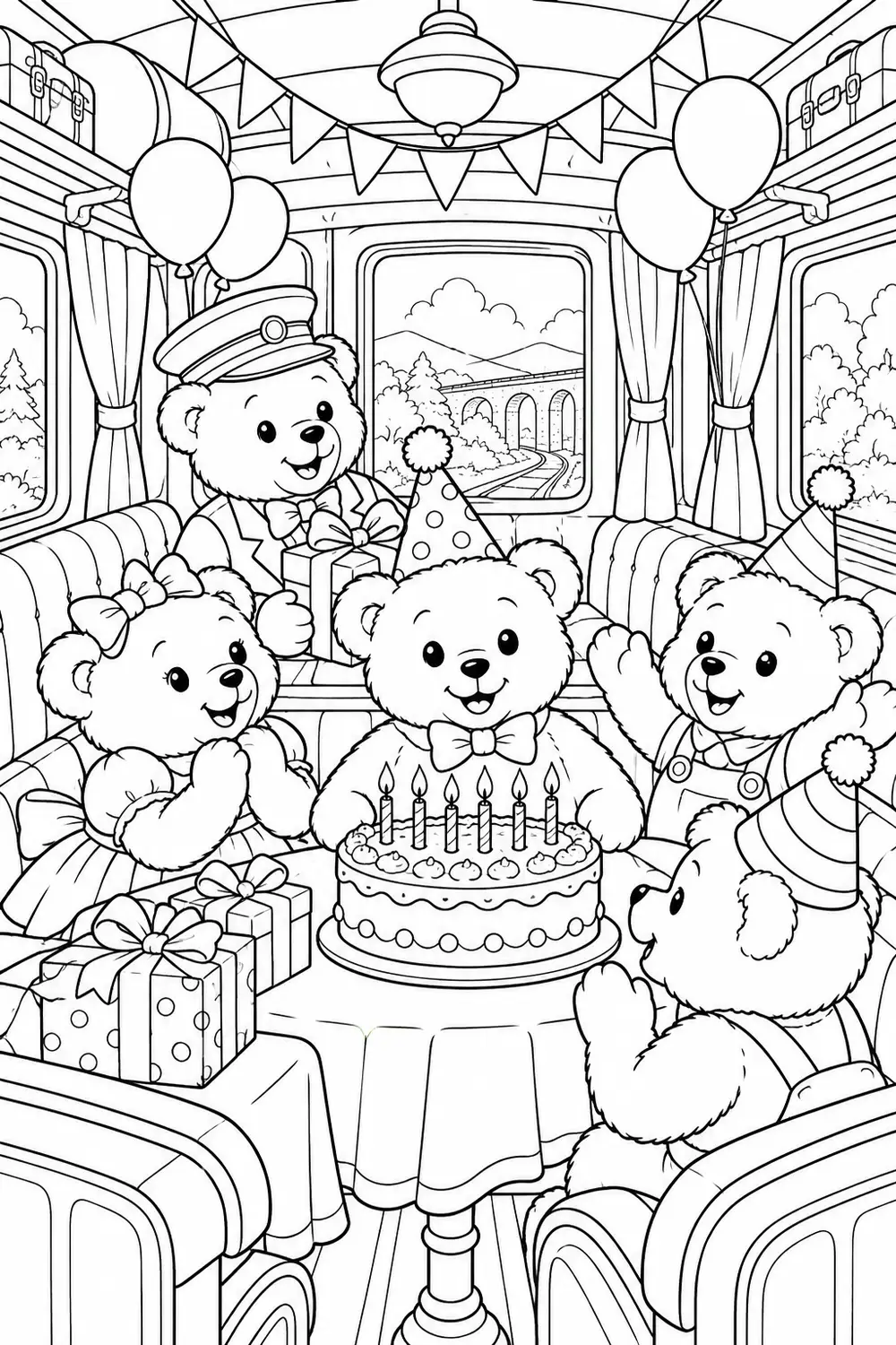 Coloriage à imprimer : L’anniversaire des nounours dans le train