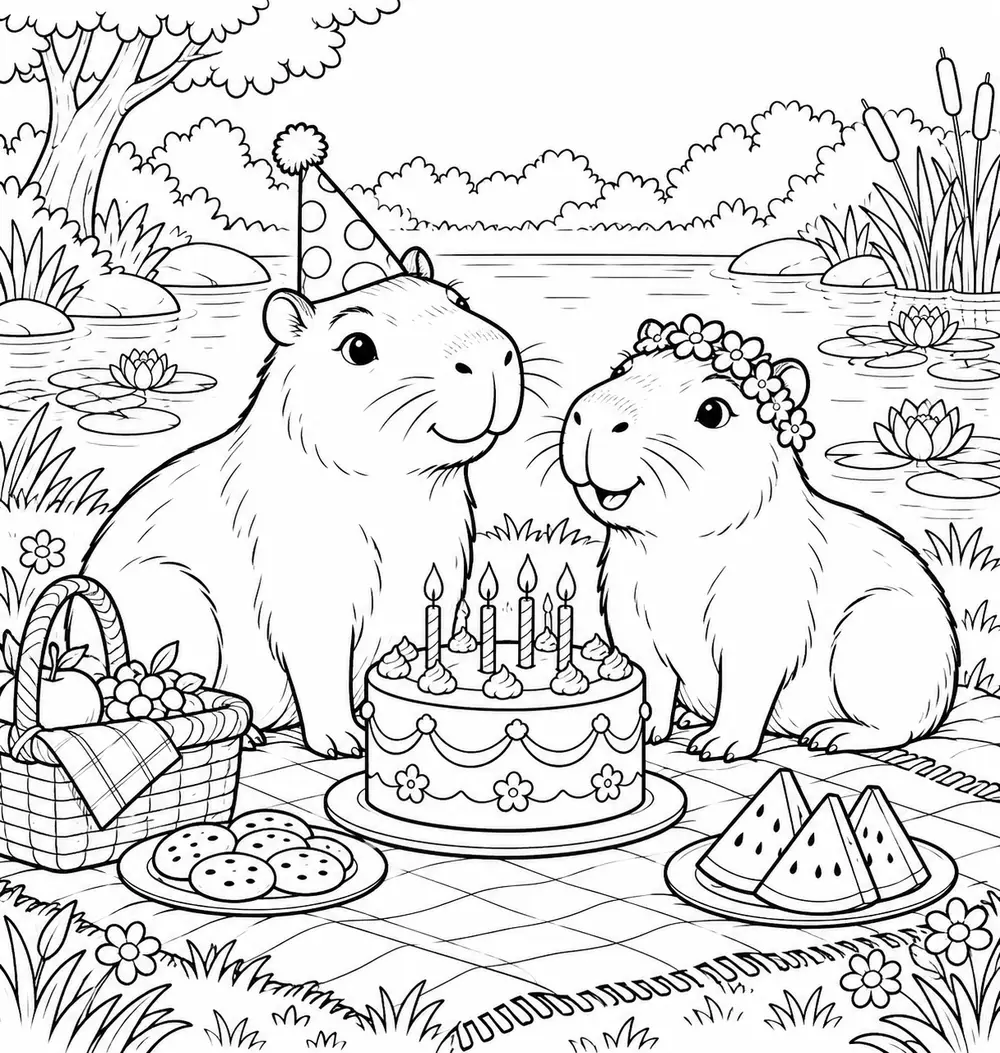 Coloriage à imprimer : Le pique-nique d’anniversaire des capybaras