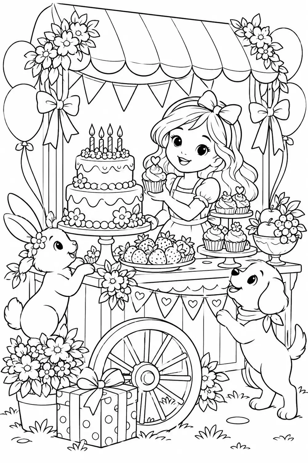 Coloriage à imprimer : Le chariot des desserts d’anniversaire