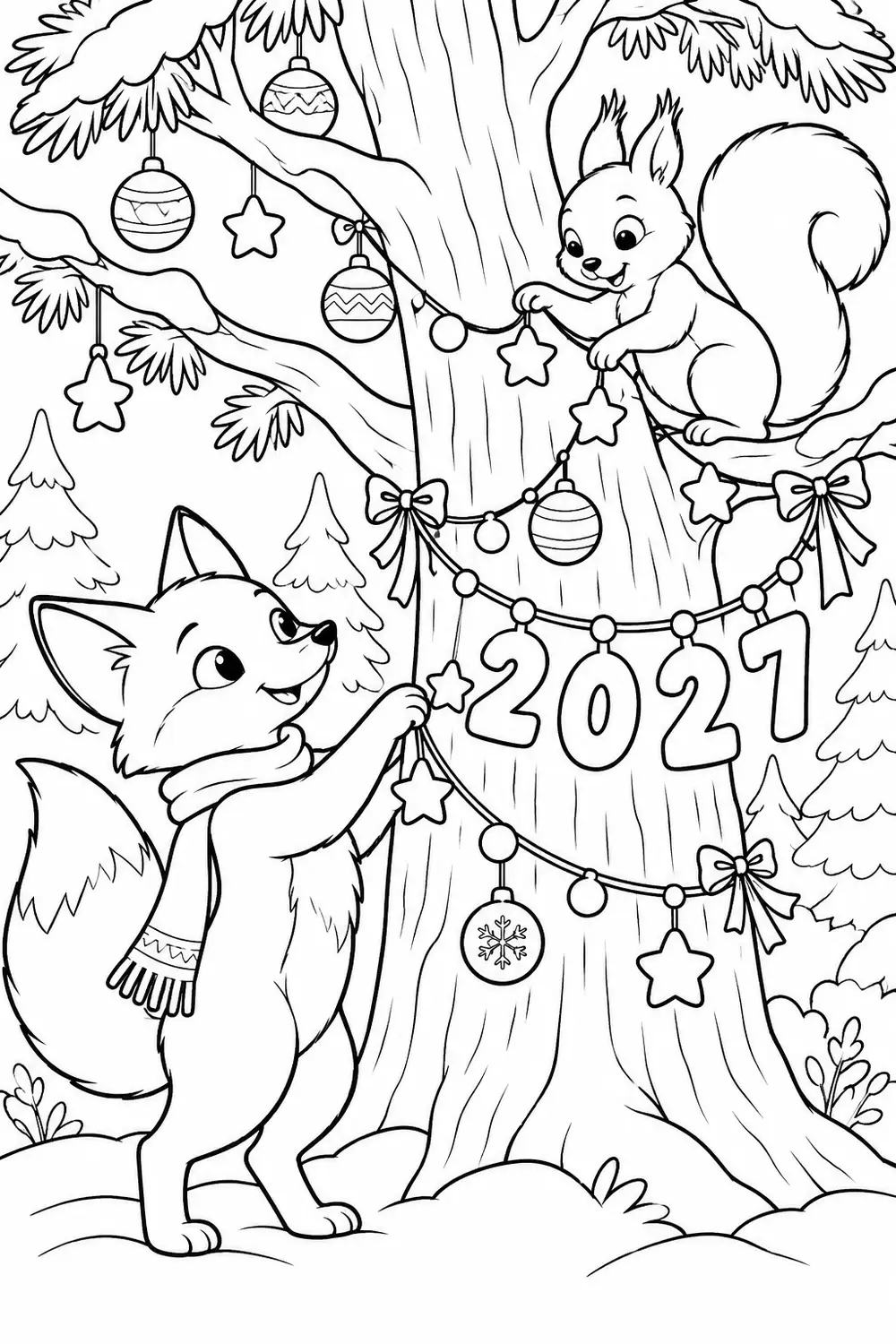 Renard et écureuil décorent la forêt