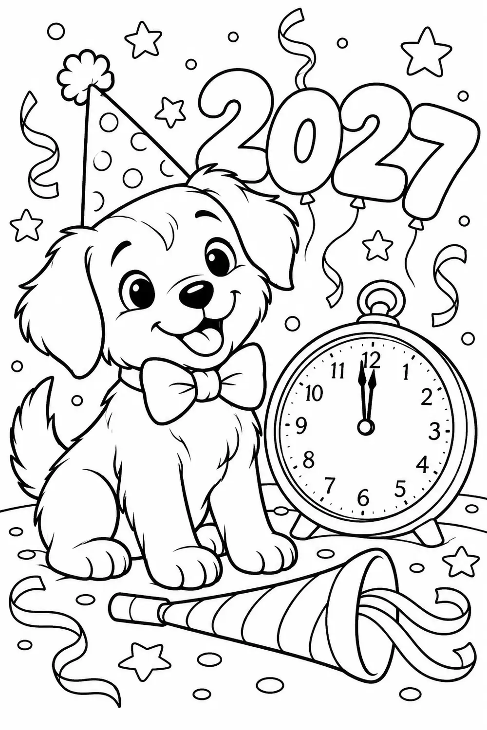 Petit chien et trompette de fête