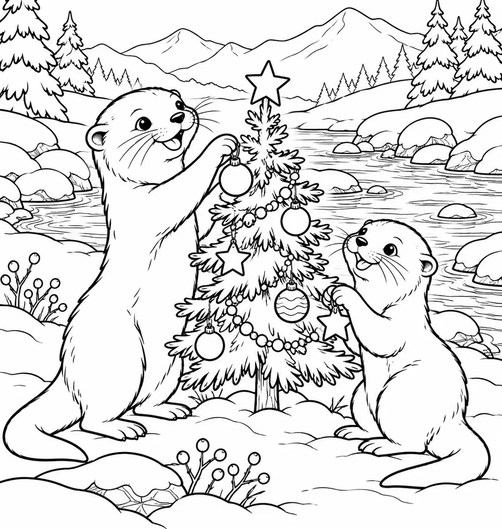 Coloriage à imprimer : Les loutres décorent leur sapin