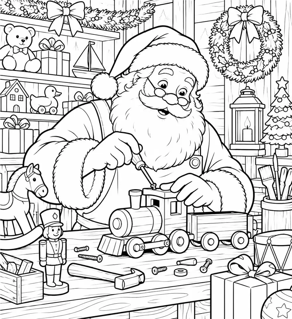 Coloriage à imprimer : Le Père Noël répare le train en bois
