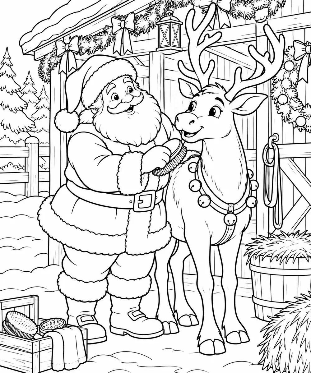Coloriage à imprimer : Le Père Noël brosse son renne