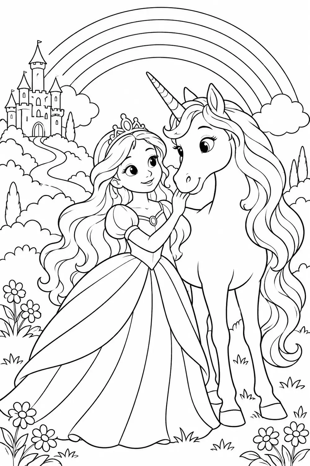 Princesse et licorne sous l’arc-en-ciel