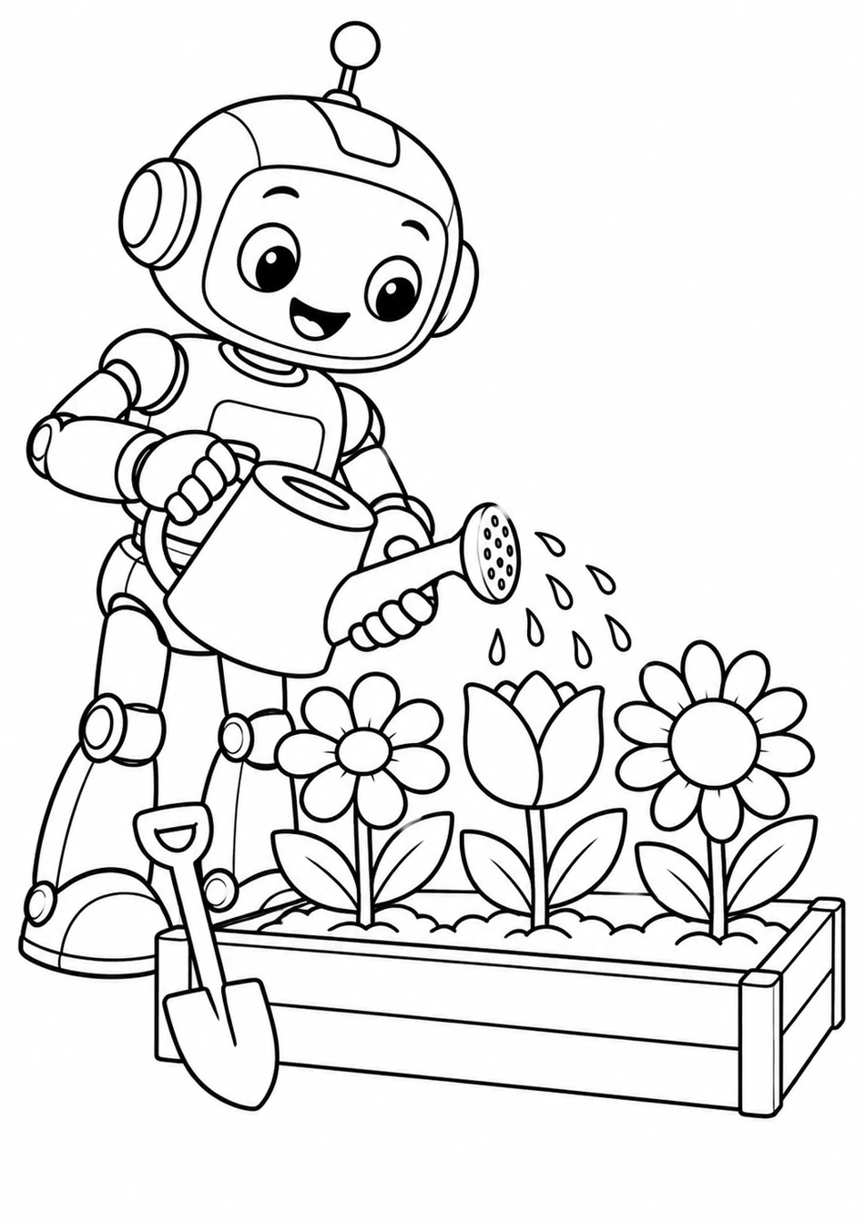 Le robot arrose son carré de fleurs